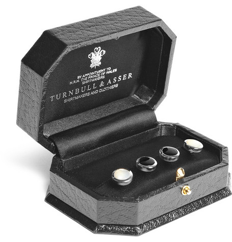 turnbull & asser set of 4 cufflinks TURNBULL & ASSER SET OF FOUR PEARL AND ONYX DRESS SHIRT STUDS