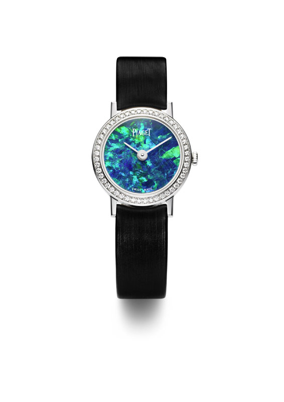 Altiplano 24mm Cadran Pierre Dure en or blanc sertie de diamants, cadran en opale, mouvement quartz