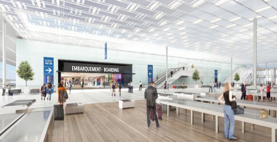Le nouveau bâtiment de liaison sera orné d'un mur d'eau (au fond, sur l'image) séparant la salle d'accueil de la salle d'embarquement