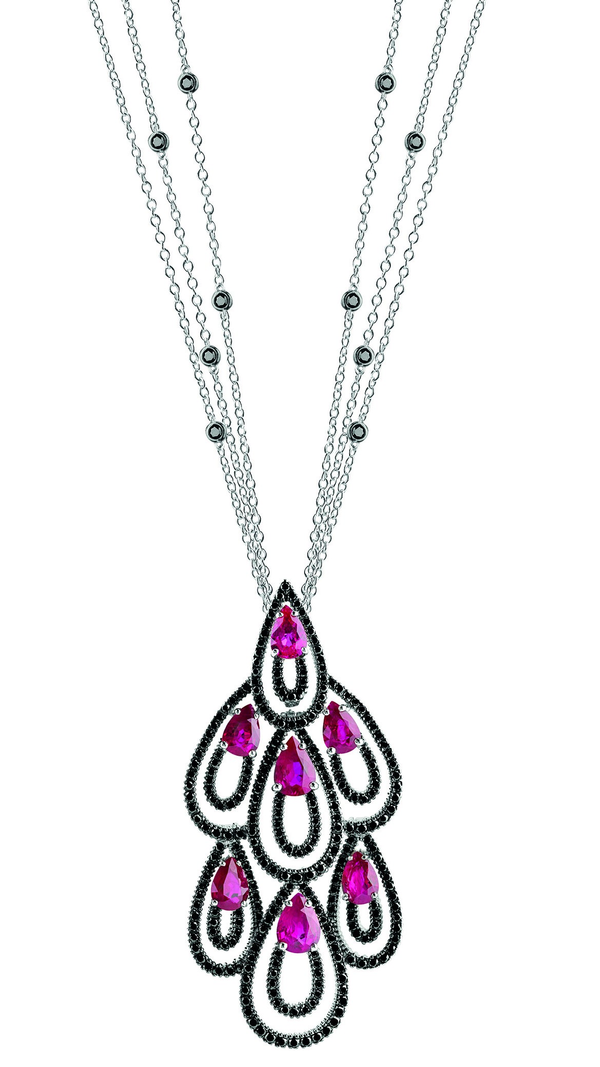 Damiani - Drip Drop masterpiece - white gold pendant with black diamonds and rubies