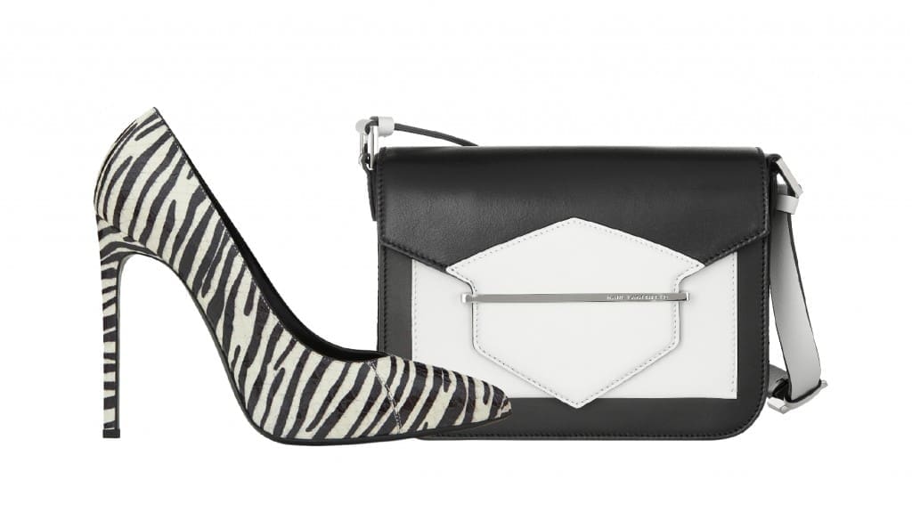 Souliers : Saint laurent by Hedi Slimane Escarpins en peau de serpent à imprimé zèbre noir et blanc Sac : KARL LAGERFELD Sac K/CHIC KARL LAGERFELD en cuir noir et blanc