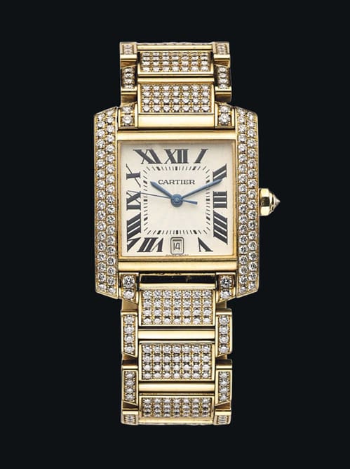 Montre Tank Française de Cartier, mouvement automatique, fonctions date et petite seconde. Pavage diamants. Estimation: 28 000 - 46 000 euros.