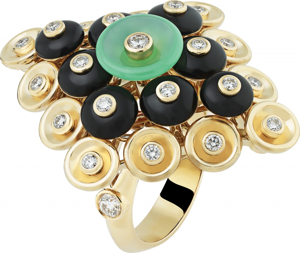 BOUTON D'OR RING, YELLOW GOLD, ONYX, CHRYSOPRASE AND DIAMONDS