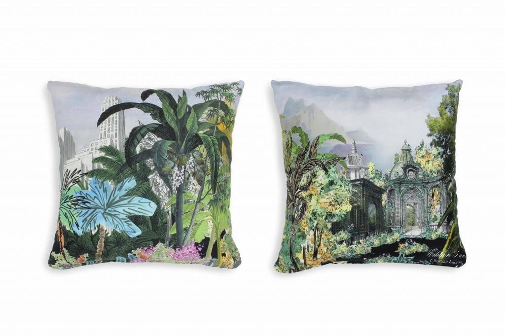 Set de deux coussins « Bagatelle » - Christian Lacroix Maison  – Edition 5 ans Faces imprimées du motif « Bagatelle » sur twill de soie et dos en tissu « Cabanon ».   30cm x 30cm Prix : 159 € 