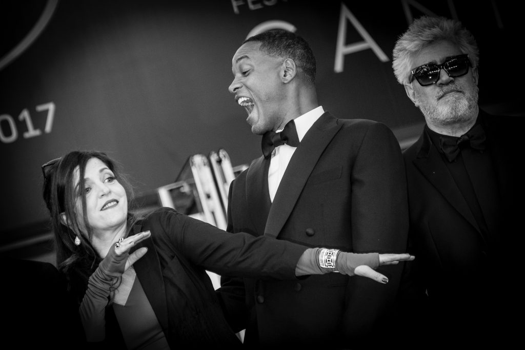 CANNES, FRANCE - MAY 17: (EDITORS NOTE: Image has been converted to black and white.)  Jury members Agnes Jaoui, Will Smith and President of the jury Pedro Almodovar attend the "Ismael's Ghosts (Les Fantomes d'Ismael)" screening and Opening Gala during the 70th annual Cannes Film Festival at Palais des Festivals on May 17, 2017 in Cannes, France.  (Photo by Tristan Fewings/Getty Images)
